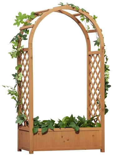 Outsunny Raised Garden Bed with Arch Trellis for Vine Plants, Brown | Freestanding Garden Planter Box, For Climbing Plant Flower Herb