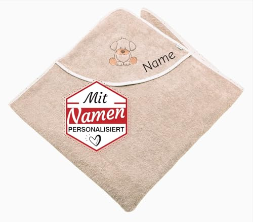 Sterntaler Kapuzenhandtuch mit Namen Bestickt, Hund Lucky Babybadetuch mit Kapuze, Kinder Badetuch 100 x 100 cm, Geschenk zur Geburt und Taufe