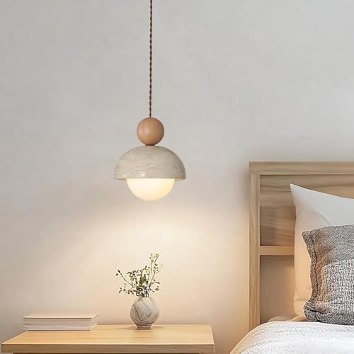 STTTBD Lampadario Giapponese Wabi-Sabi Travertino Giallo, Lampada Sospensione con Paralume Pietra Naturale E Lampada Sospensione in Legno G9 Nordic Mini per Isola Cucina Sala Pranzo 1pc