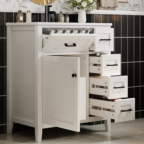 Kebnor Tocador de baño independiente, superficie lacada, cuatro cajones silenciosos, cajones plegables, estantes para puertas de armario, tiradores negros, lavabo de cerámica integrado, blanco, 76 x