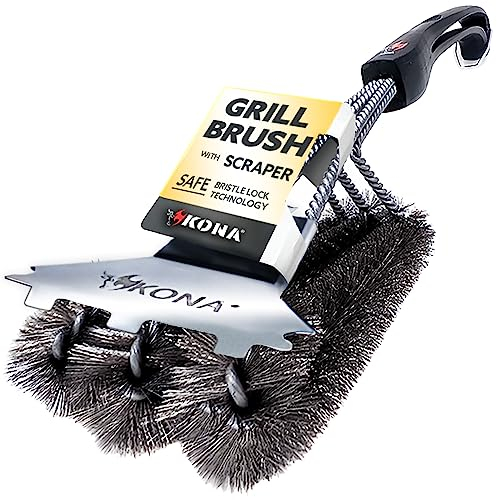 Kona Speed/Scrape Grill Brush and Scraper - Compatible with Weber and Other Brands Flat & Round Grill Grates - BBQ Cleaner for Gas Grills, Stainless Steel Cast Iron Grates - New Flex Grip Handle