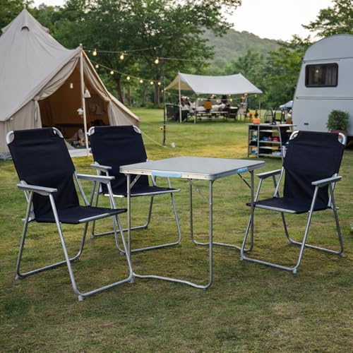 Mojawo 4tlg. Campingmöbel Set Alu Camping L70xB50xH59cm 1x Campingtisch mit Tragegriff + 3 Campingstühle schwarz Stoff Oxfort