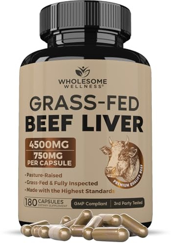 Wholesome Wellness Grass Fed Desiccated Beef Liver Capsules (180 Pills, 750mg Each) - Natural Iron, Vitamin A, B12 for Energy - Raised Undefatted in New Zealand Without Hormones or Chemicals