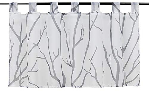 HeichkelL Voile Transparent Scheibengardine Modern Schlaufen Kurzstore Bedruckt 》Baumzweige《 Küchegardine Weiß#1 HxB 60x90 cm