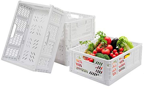 Set of 4 Plastic Foldable Storage Crate Basket Bins Organiser Box for Food Fruit Vegetables Snacks Bottles Toys Toiletries, Home Kitchen Office Storage Box Pantry Organization Cabinet Shelf Organizer