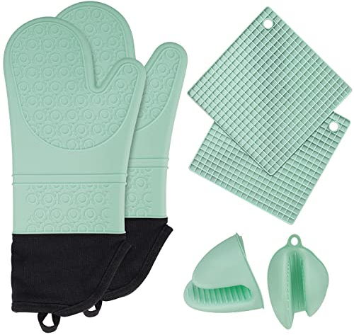 6in1 Heat Resistant Silicone Oven Gloves+ Pinch Grip Pot Holders+Trivet Set, Non-slip Textured Waterproof Kitchen Mitts w/Soft Inner Lining & XL Hand-safe Sleeve for Baking Cooking Grilling Barbecue