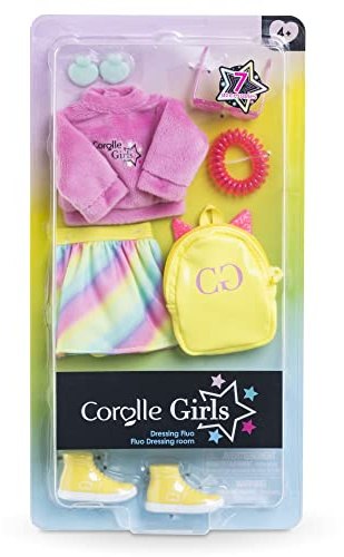 Corolle Girls tillbehörsset regnbåge, färgglad 7-delad outfit med fluffig tröja och regnbågskjol, för alla 28 cm flickor omklädningsdockor, från 4 år