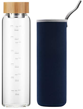 sunkey Botella de Agua Cristal 1 Litro Reutilizable con Funda Neopreno y Tapa de Bambú sin Bpa (Azul Marino)