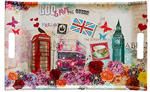 Lashuma Plateau rectangulaire à verres XXL 54 x 35 cm Plateau coloré Motif Londres