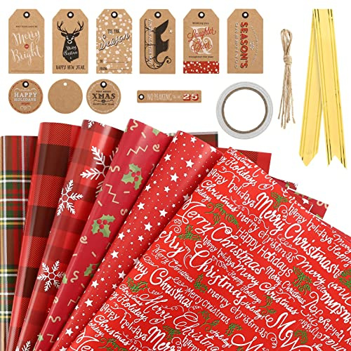 LEMESO Carta Regalo Natalizia Grande Bambini Vintage Kraft Carta Regalo Natale Rossa Carta da Regalo Natale 6 pz Kit Completo Carta Natalizia Carta Imballaggio Carta da Pacchi Regali Natale