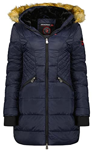 Geographical Norway Abeille Lady Distribrands - Parka caldo da donna - cappotto di pelliccia sintetica spessa - giacca a vento invernale - piumino lungo foderato (Blu Marino L - Taglia 3)