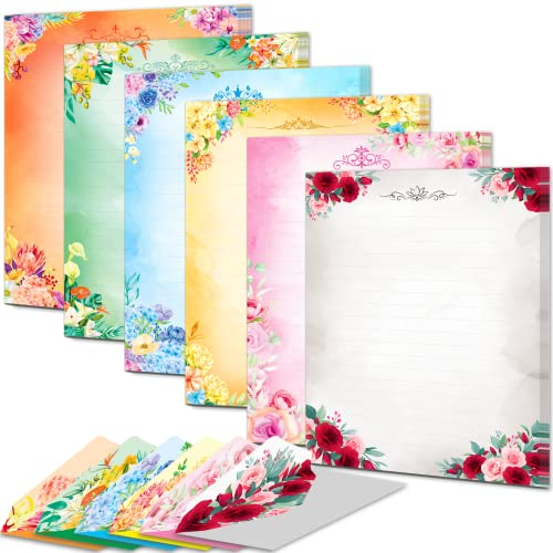 Anzon Mories Cute Stationary Writing Paper and Envelope Set (2 Sides Colored, 1 Side Lined) 30 Sheets, 30 Pcs Envelopes, Kawaii Letter Stationery 8.5 x 11 in Floral Decoration (Inches, 5.5 x 7.5)