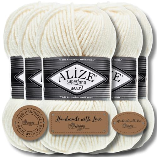 Alize 5 x 100g Superlana Maxi Türkische Premium Wolle Baumwolle und Acryl Uni Handstrickgarne, Yarn, Garn, Strickgarn, Einfarbig, Baby, zum Häkeln Stricken Kleidung Schals (Light Cream - 62)