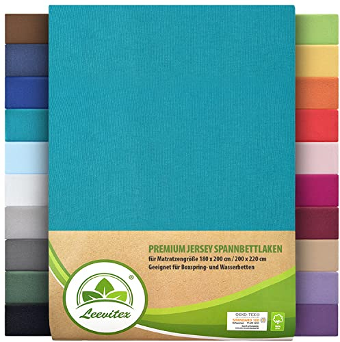 Premium Spannbettlaken, extra schwer und dick, 97% Mako-Jersey-Baumwolle und 3% Elasthan, auch Boxspringbett geeignet, 180 x 200-200 x 220 cm, Petrol/Smaragdblau