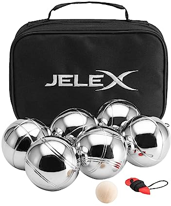 JELEX Throwback Boccia Boule 6er-Set Metall-Kugeln mit DREI verschiedenen Musterungen, Abstandsmesser, Holz-Markierungskugel, inkl. Tragetasche mit Tragegriff, für Erwachsene und Kinder