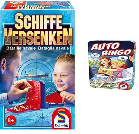 Schmidt Spiele 49092 Schiffe versenken, Reise-und Familienspiel, bunt & 51434 Auto-Bingo, Bring Mich mit Spiel in der Metalldose, bunt