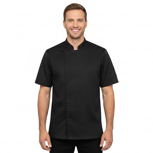 PALLTEX Nori SS Giacca Cuoco Uomo e Donna Unisex con i Bottoni Automatici Giacca da Cuoco Ristorante Divisa da Cuoco a Maniche Corte, Nero, M
