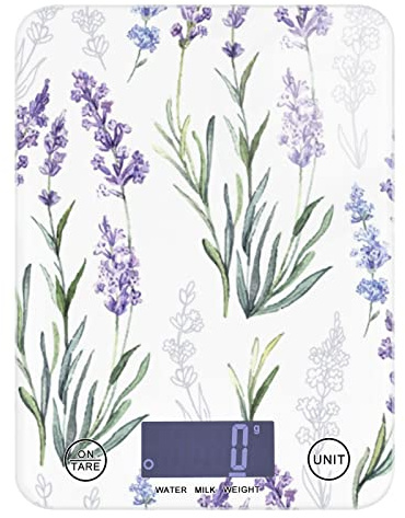 Seamless Watercolor Purple Lavender Flower with Green Leaves on White Tempered Glass Kitchen Scales, Digital Weight Grams and Oz Food Scales for Cooking Baking Meal Prep Home Weight Loss Health Diet