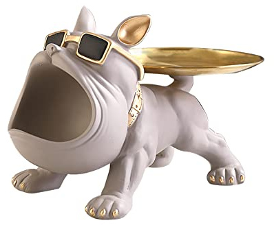 Fiorky Bulldog Storage Sculpture, Harz Cool Dog Sculpture Big Mouth Bulldog Key Snack Holder Figurine mit Storage Tray, Eingang Handwerk Kunst Statue Home Desktop Ornament Dekoration, Grau
