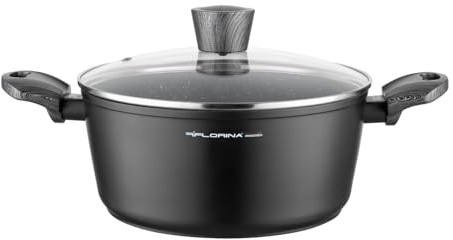 FLORINA olla de aluminio (4 l) | 24 cm de diámetro | Olla con tapa de cristal - antiadherente | Olla de inducción - ovalada | Ideal para cocina de inducción, cocina de gas y cocina eléctrica (Negro)