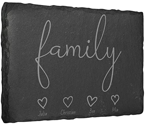 Gravierte Deko Schiefertafel ''family'' personalisiert mit Vornamen - 40x30 cm - Laser Gravur auf Natur-Schiefer - auswählbare Befestigungsoptionen - Schieferplatte Haustür Türschild Familienschild