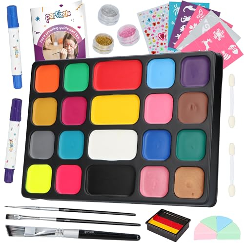 Partizzle Kit de maquillage pour enfant - 20 couleurs de maquillage - Pochoirs, pierres précieuses, craies pour cheveux, pinceaux, paillettes, éponges - Peinture du visage - Kit de maquillage