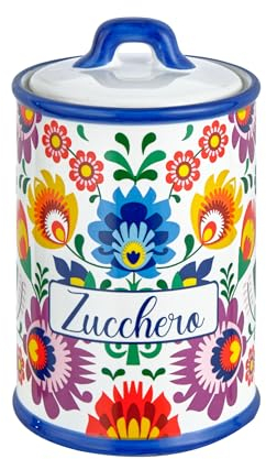 Baroni Home Barattolo Zucchero Decorato in Ceramica con Coperchio Ermetico, Accessorio da Cucina Colorato Resistente, Linea Flora, 11x11x17 cm