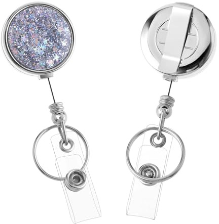 Dimeho einziehbarer Ausweishalter glitzernd leicht Ausweisrolle Clip auf der Rückseite glitzernder Bling-Namensschildhalter weißer Schlüsselanhänger für Büro Krankenschwester Arzt Student Lehrer