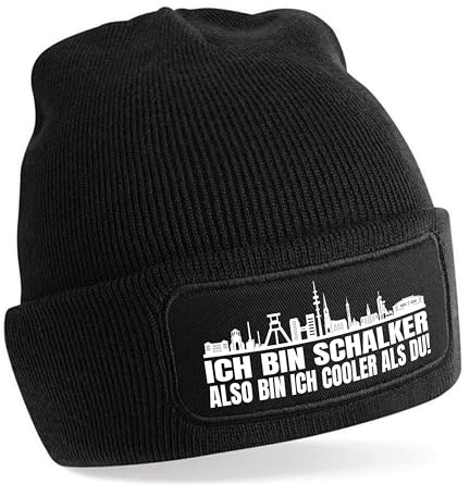 Beanie Strickmütze mit Spruch | Ich bin Schalker also bin ich cooler als du! | Farbwahl | weiche und warme Fußball Mütze für Schalke Fan | Skyline | SoftTouch Einheitsgröße für Erwachsene