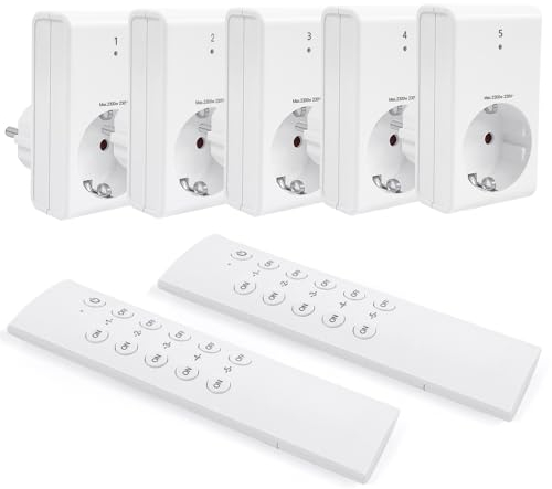 G-Homa Prese radio con telecomando, set da 5 prese con telecomando per elettrodomestici, illuminazione natalizia, portata 30 m, programmabile, 2300 W/10 A, elencato CE, bianco