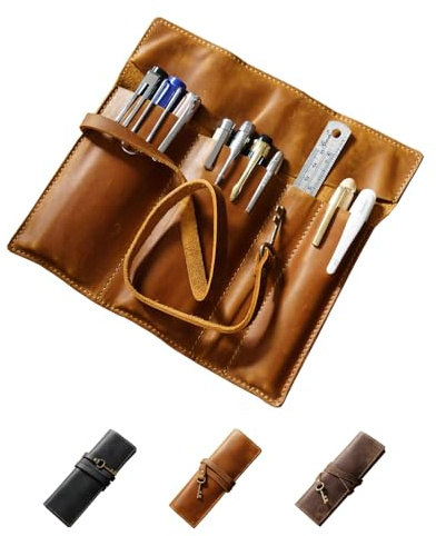 MIVLXLX Rollo de lápiz de piel auténtica, estuche para bolígrafos y lápices, 3 bolsillos abiertos para bolígrafos largos, correa resistente, solapa plegable (amarillo)