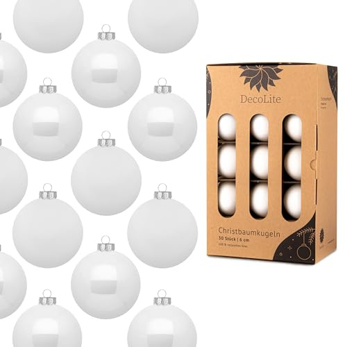 DecoLite Weihnachtskugeln Glas 6 cm, 30er Set, Weiß - matt/glänzend | 30 Glaskugeln Ø 6 cm, innen echt versilbert, inkl. S-Aufhänger 3,8 cm, plastikfreie Kartonbox