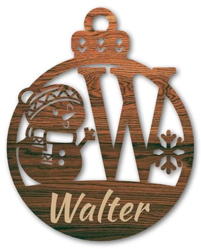 Urhome Weihnachtskugel personalisiert mit Wunschtext Gravur Buchstabe W mit Schneeman Motiv Dunkel Braun - Ornament Christbaumschmuck Weihnachtsdeko Weihnachtsbaum Anhänger aus 6,5mm Holz