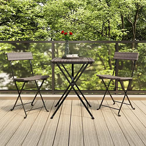 RAABYU 3-teiliges klappbares Bistro-Set, grau, kleines Tisch- und Stuhl-Set aus Polyrattan, Tisch und Stühle mit hoher Rückenlehne, Indoor-/Outdoor-Möbel-Set für Garte
