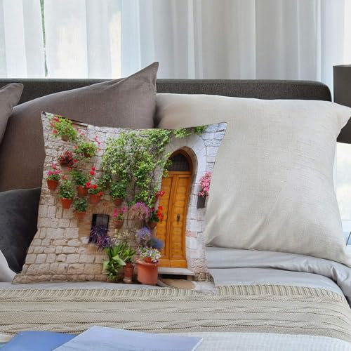 EMCLKS Designs Kissenbezug Männer/Frauen/Jungen/Mädchen Wohnzimmer Schlafzimmer Sofa Stuhl Kissenbezüge,Toskanische Begonie blüht im Kastenfenster Fensterläden aus Holz Ziegelwand Romagna Ita,45x45cm