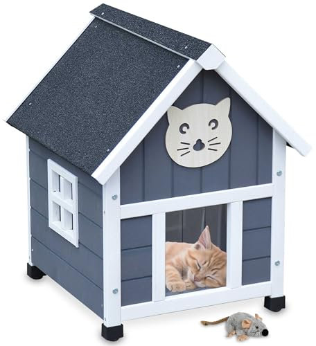 zooprinz Holz Katzenhaus im skandinavischen Look – Katzenkiste mit Dach aus Bitumen – Wetterfest in grau-weiß lasiert für Garten/Balkon – Innen- und Draußen Hütte – Katzenbox