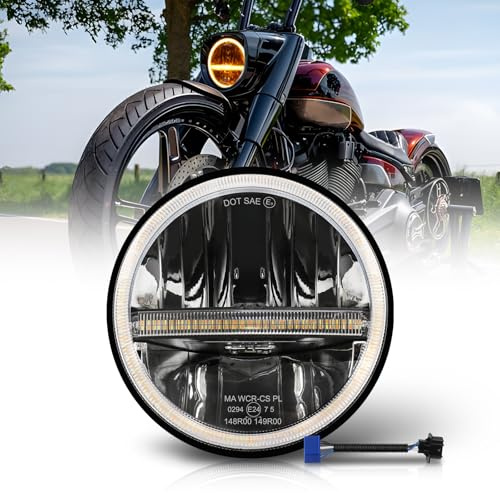 BraveWAY 7 Pouces Phare Led Moto 15000LM, Led Phare Rond, Dot Approuvé Hi Lo Beam Blanc Ambré DRL, Avec Câble H4-H13, Compatible Wrangler JK TJ LJ CJ Hummber H1 H2