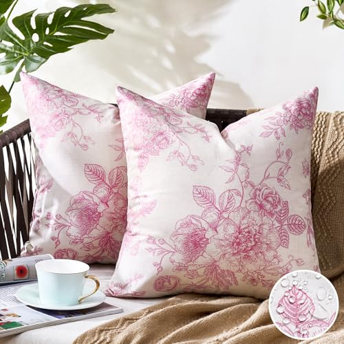 Kuddfodral utomhus kuddfodral linne dekorativt kuddfodral rosa blommor soffkudde kvadrat kudde vår sommar kuddfodral med osynlig dragkedja för sovrum vardagsrum trädgård 45x45