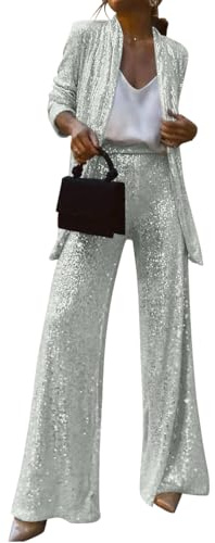 shownicer Damen Pailletten Anzug Zweiteiliger Blazer und Hose Business Hosenanzug Slim Fit Streetwear Damenanzug 2 Stück Set Festlich Pailletten Sets