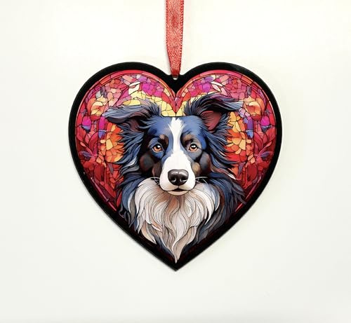 Border Collie Long Haired Heart Suncatcher - Memorial or Gift for Dog Lovers - 13cm