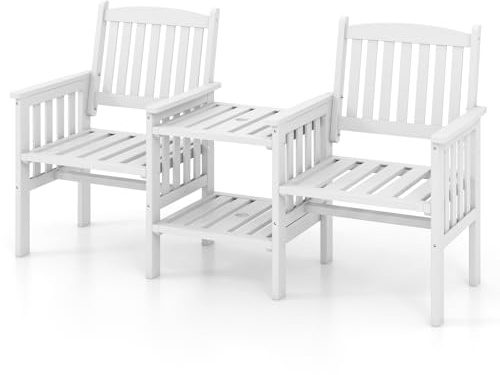GOPLUS Gartenbank mit integriertem Tisch, 2-Sitzer, robuste Holzbank mit 2 Ebenen Tisch & Schirmloch, Sitzbank aus natürlichem Tannenholz für Terrasse, Balkon, Garten, Pool, 165 × 60 × 88 cm (Weiß)