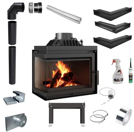 KRATKI Kamineinsatz Gusseisen Simple 8kW Holzofen Eck Links Ø200 BImSchV 2 | Kamineinsatz aus Gusseisen, schwarz, 80% Wirkungsgrad, Ecodesign, EEK A, Aschekasten