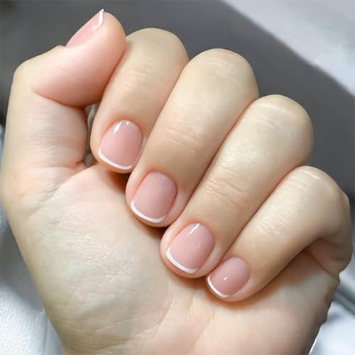 French Tip Press On Nails Short, Nude Pink Stick On False Nails for Women & Girls, Natural Look Short Fake Nails with Glue Stickers, 24PCS