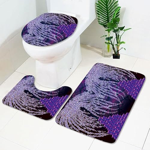 Bad Teppiche Set Elegante Lila Rebe Badezimmerteppich Waschbar WC Vorleger mit Ausschnitt und WC Deckelbezug 3 Teilig Badematte rutschfest Toilettensitzbezug Badgarnitur 50x80 cm