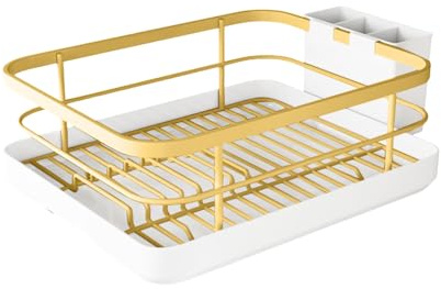 Dish Drainer Rack & Cutlery Holder (ABS Steel, Black/White/Gold)