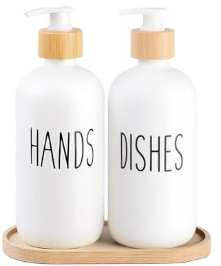 Yumzxin Glass Soap Dispenser Set of 2 (16oz) - Refillable Pump Hand Wash Dispenser for Bathroom Sink, Kitchen Countertop & Laundry Room (White)