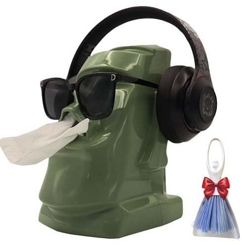 Moai Multifunktions Tissue-Box, Kopfhörer-/Brillenhalter inkl. Mini-Kehrset, Stilvolle Schreibtisch-Deko, 27x17x19cm, Der Schreibtisch-Organisationsprofi mit Mini-Kehrset (Green)