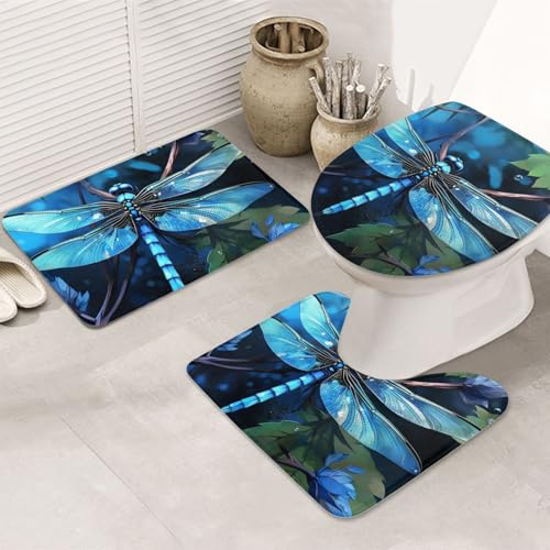 3 Piece Bath Mat Set Art Blue Dragonfly U Shape Wc Toilet Rug Durable Soft Floor Mats, For Indoor, Floor Tub, Bedroom