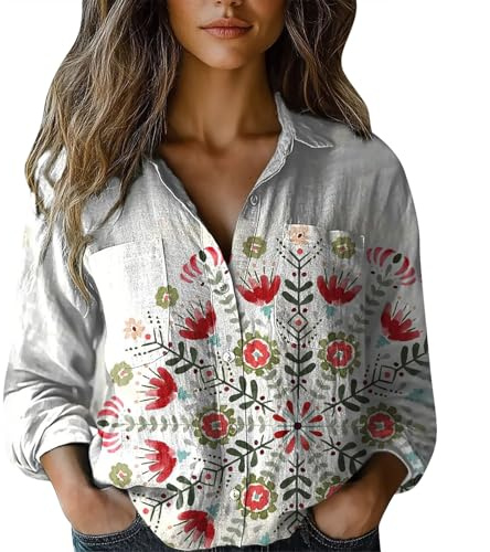 Generisch blusen & tun für Damen-Hippie Bluse Frauen Sommer Langarm V-Ausschnitt Vintage-Stil Boho Blumenhemd mit lockere Blumenmuster Tunika Damen-Oberteil Blusenshirt Ausgefallene Strandhemd
