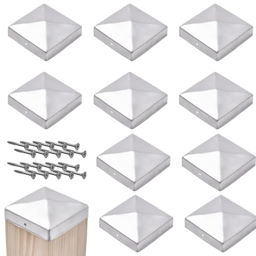 Pfostenkappen, 10 Stück Zaunpfahlkappe, Pfostenkappe, 10x10cm Zaun Pfosten Kappen, Zaunpfostenaufsätze, Pfostenkappe mit 20pcs Schrauben für Holzpfostenzäune und Terrassenpfosten (Edelstahl)
